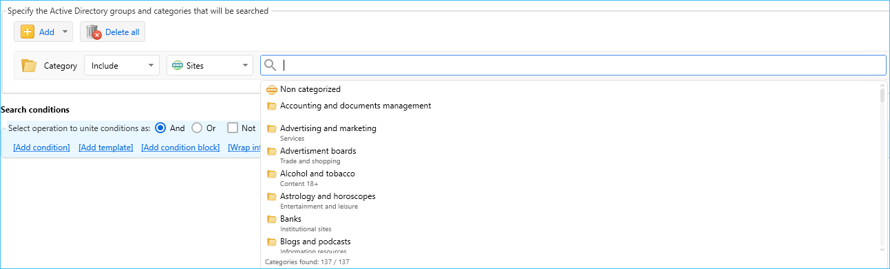 When creating a search request, in the Common search conditions area, you can select a site or app category together with AD group to search within